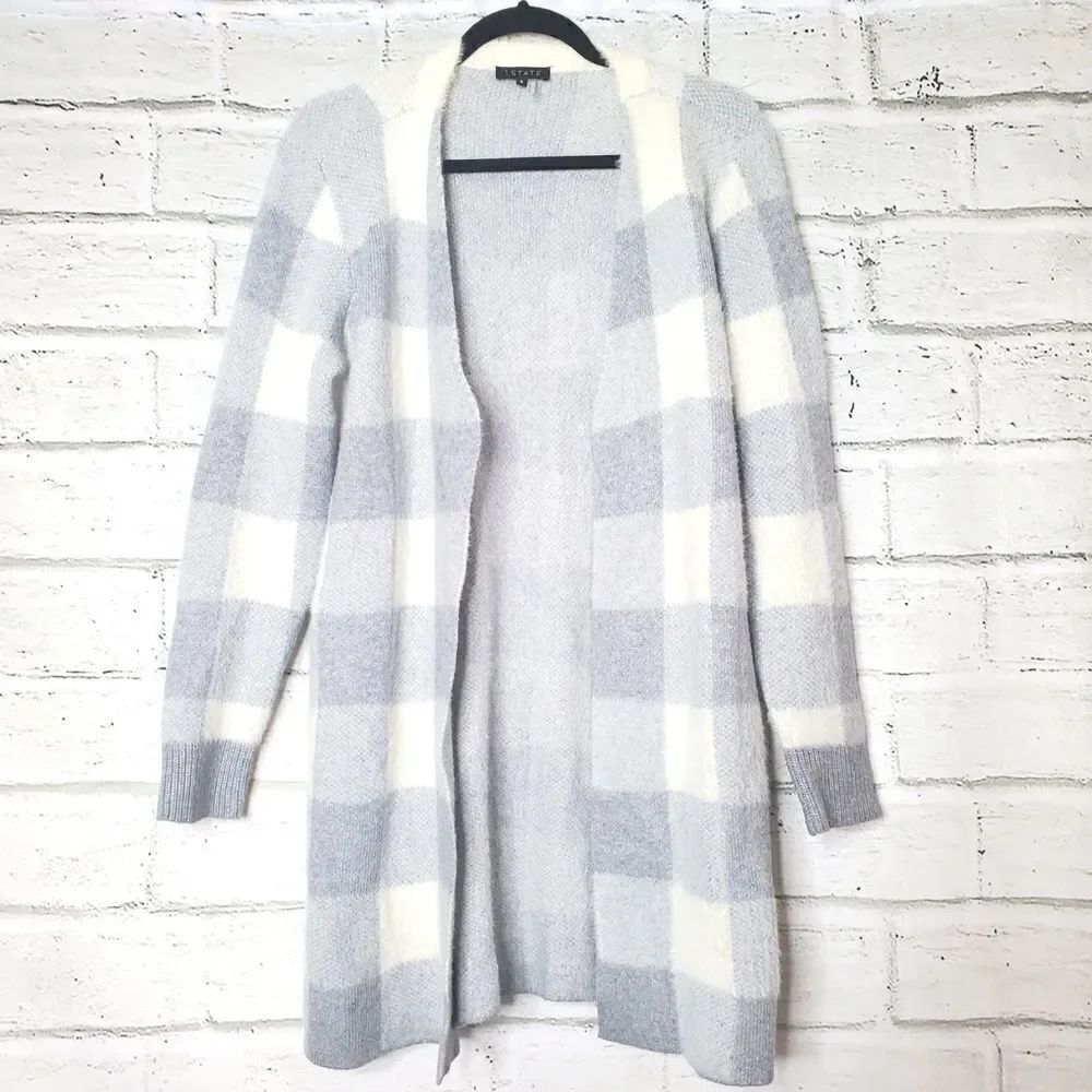 1. STATE cozy check plaid open front cardigan sweater gray white small soft